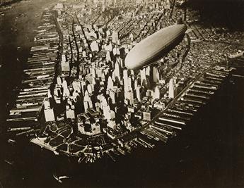 (DIRIGIBLES IN NEW YORK CITY) A selection of 17 photographs of dirigibles in the NYC skies over Manhattan. 1920s-40.